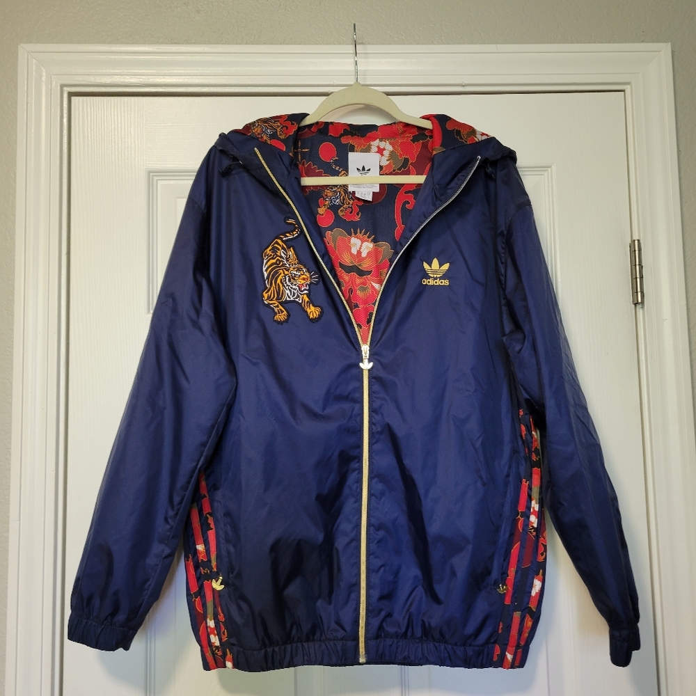 adidas TIGER Embroidered Logo Zipper Hooded Track Jacket Autumn Blue